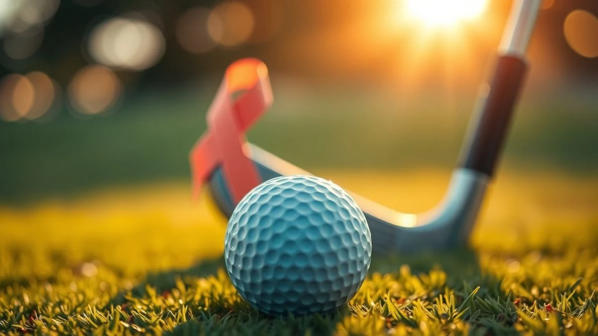 Imagen ilustrativa: primer plano de una bola de golf sobre el césped, con un palo y una cinta benéfica al fondo