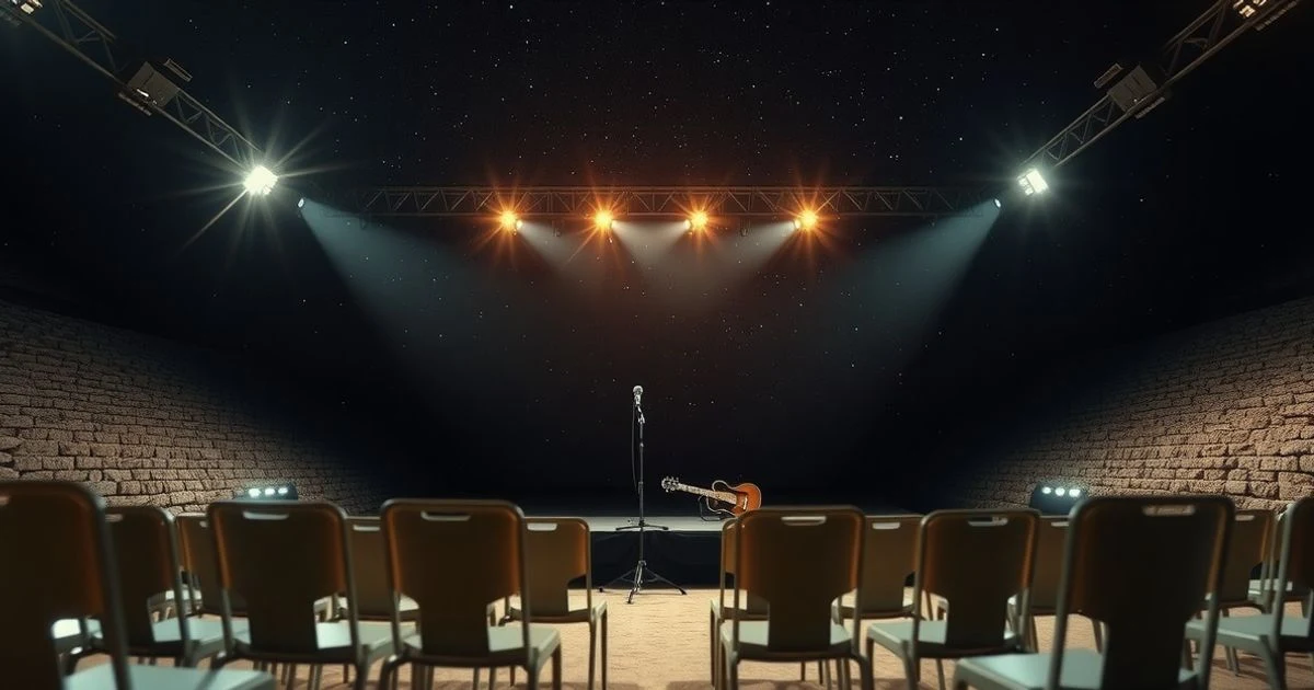 Escenario vacío de un concierto al aire libre en una cantera, con micrófono y guitarra bajo la luz de focos y cielo estrellado.
