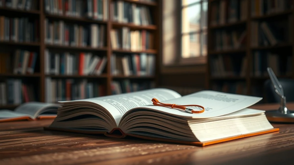 Close-up of an open book with a bookmark and a library card on a wooden table, blurred shelves in the background