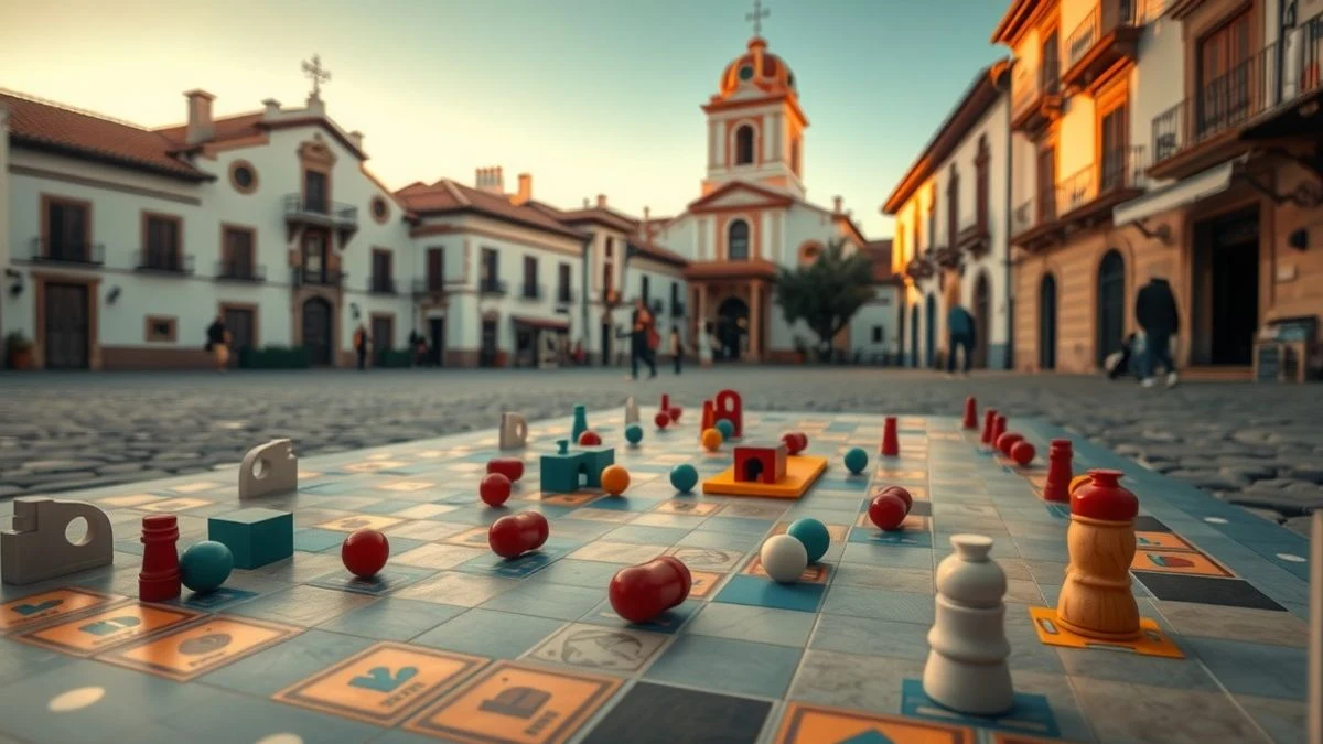 Imagen ilustrativa: un tablero de juego gigante con piezas de colores en una plaza de un pueblo andaluz al atardecer