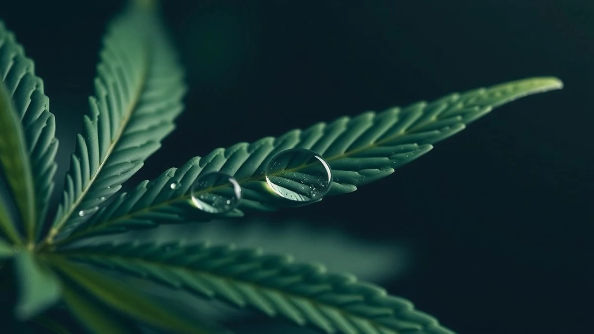 Primer plano de una hoja de cannabis con gotas de agua, fondo oscuro