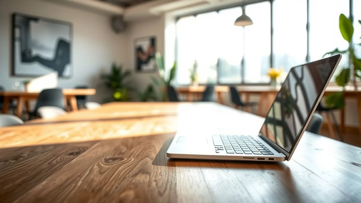 Interior de un espacio de coworking moderno con mesa de madera y ordenador portátil, luz natural y plantas de fondo