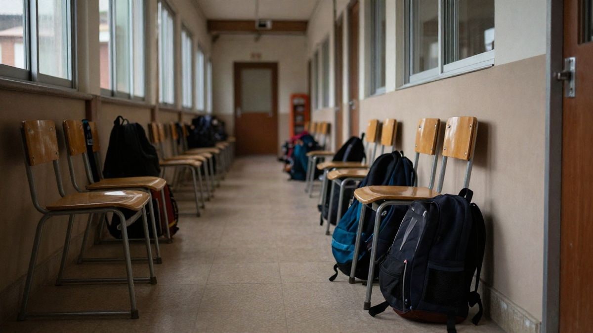 Imagen ilustrativa: pasillo de un colegio con sillas vacías y mochilas en el suelo, iluminado por luz natural