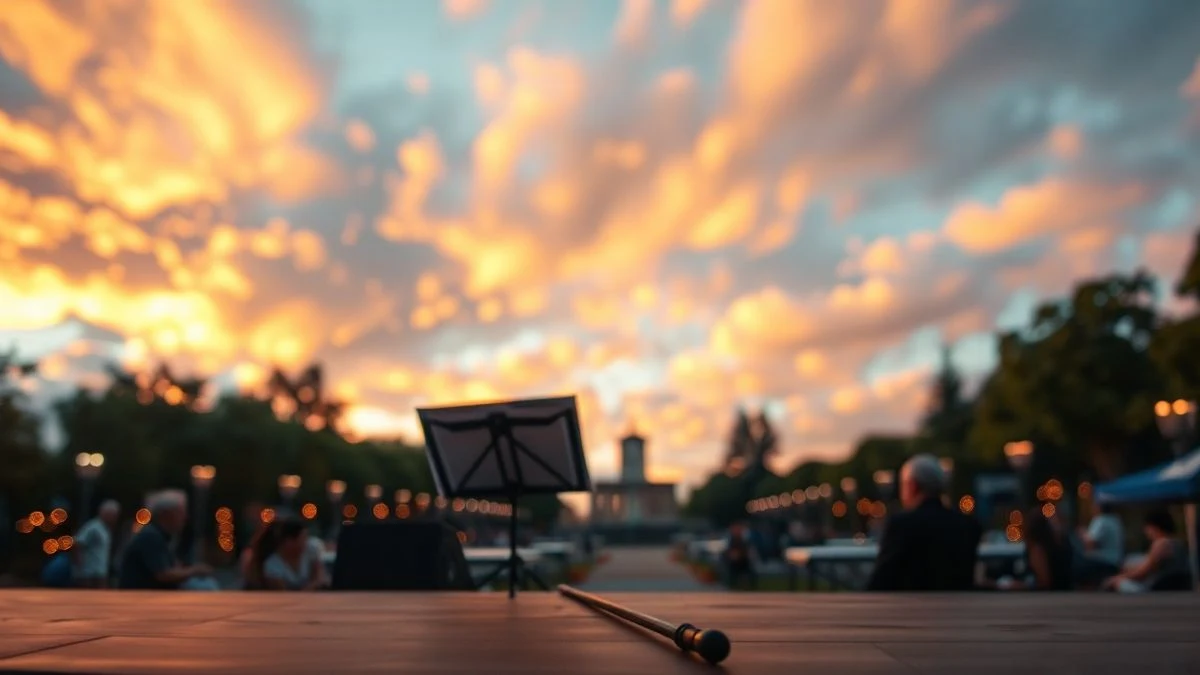 Illustrative image: a music stand with scores and a baton on an empty stage at sunset, with park lights in the background.