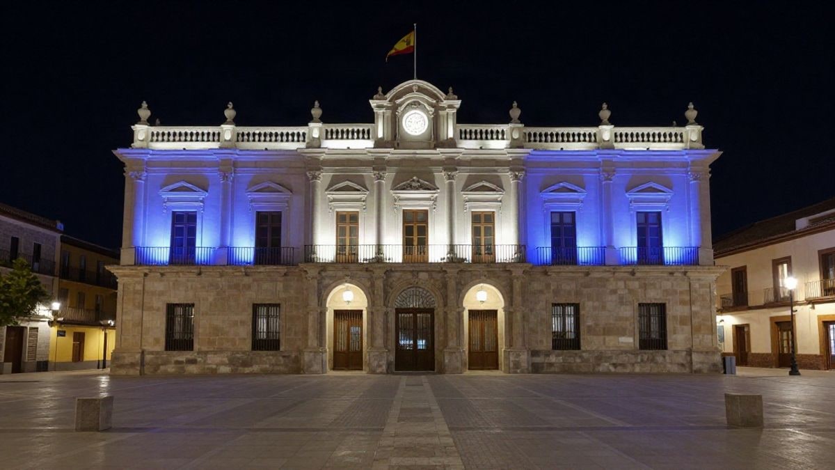 Illustrative image: facade of a town hall illuminated in blue and white at night