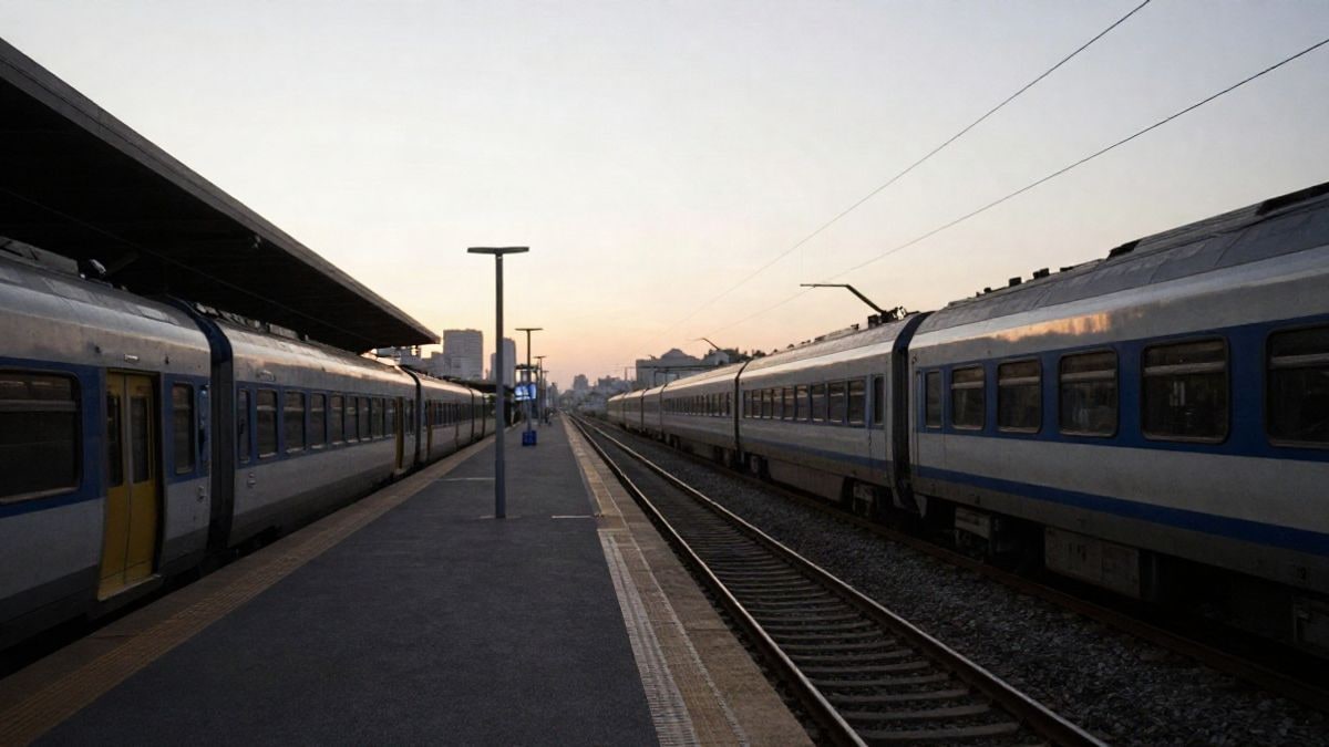 Imagen ilustrativa: andén de tren vacío al amanecer con las vías convergiendo hacia el horizonte