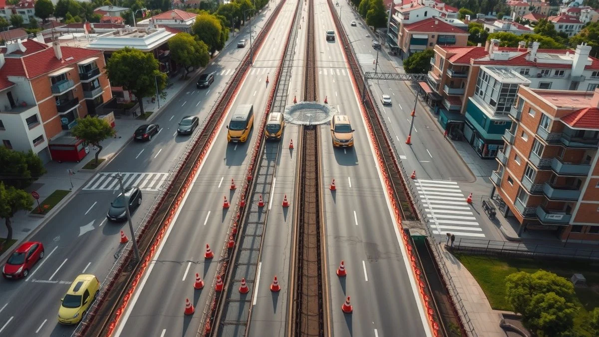 Vista cenital de una avenida con marcas de obra y conos de tráfico, preparada para soterramiento, rodeada de edificios y zonas verdes.