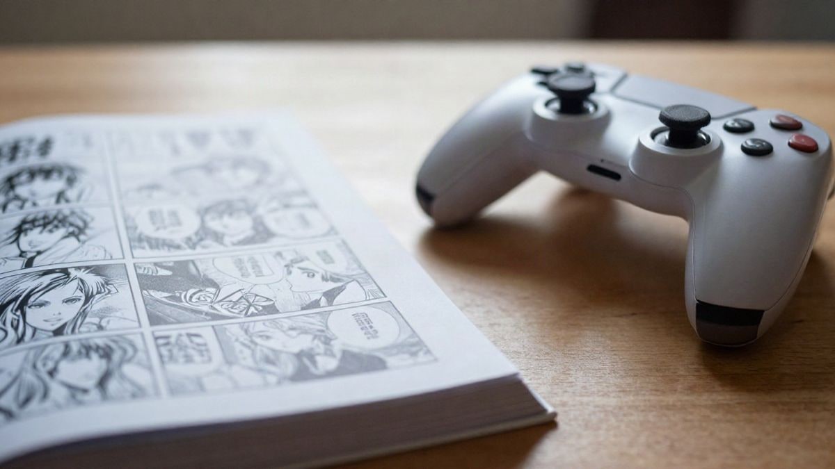 Illustrative image: close-up of a manga comic and a video game controller on a table