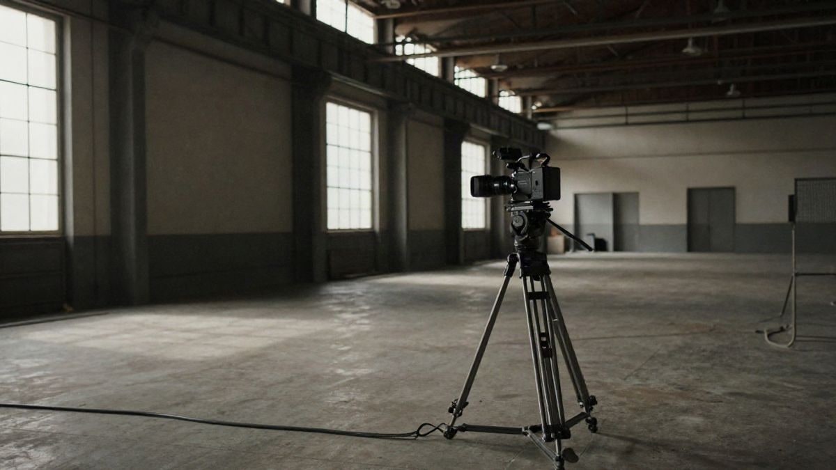 Illustrative image: filming set in an industrial space with camera and cables