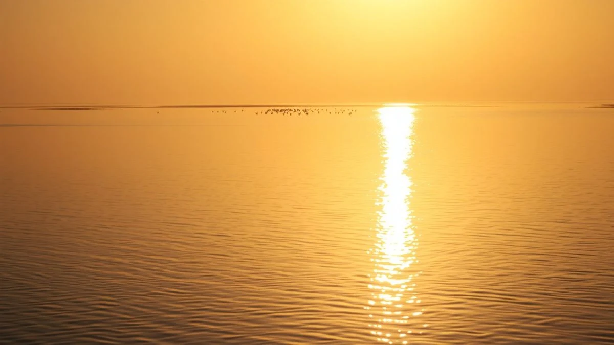 General view of Fuente de Piedra Lagoon at sunset with flamingos in the background