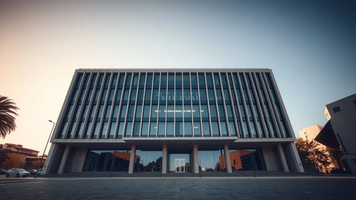 Municipal building in Plaza Pablo Ruiz Picasso in Torremolinos, with sunset light and no people.