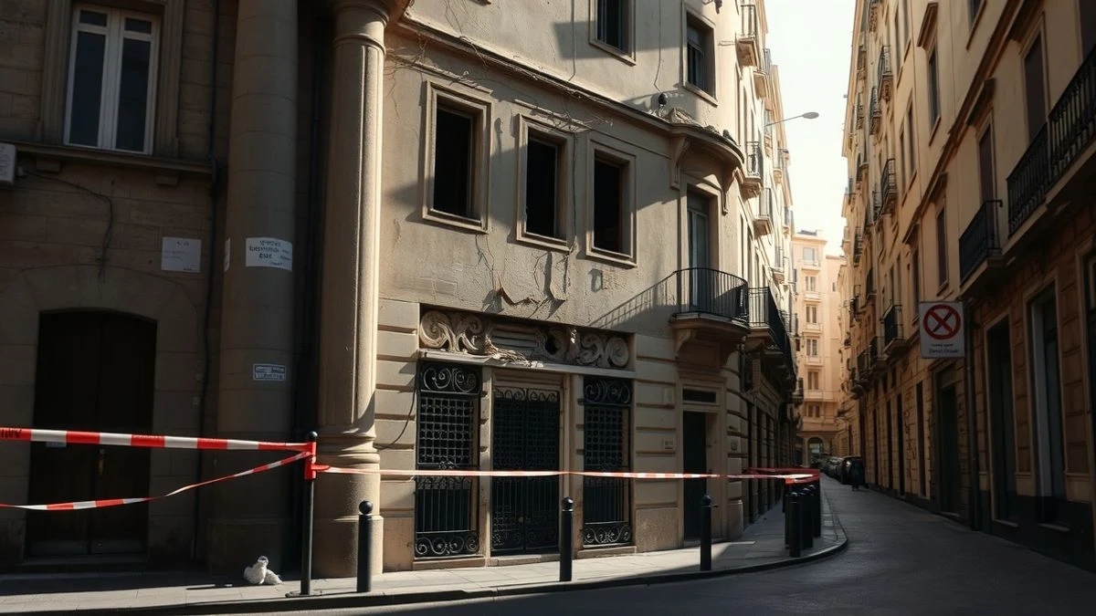 Fachada de edificio dañado por incendio con vallado perimetral en calle de Málaga
