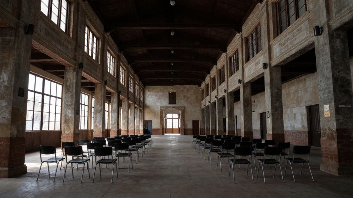 Imagen ilustrativa: interior de un edificio industrial rehabilitado con luz natural y sillas preparadas para una conferencia