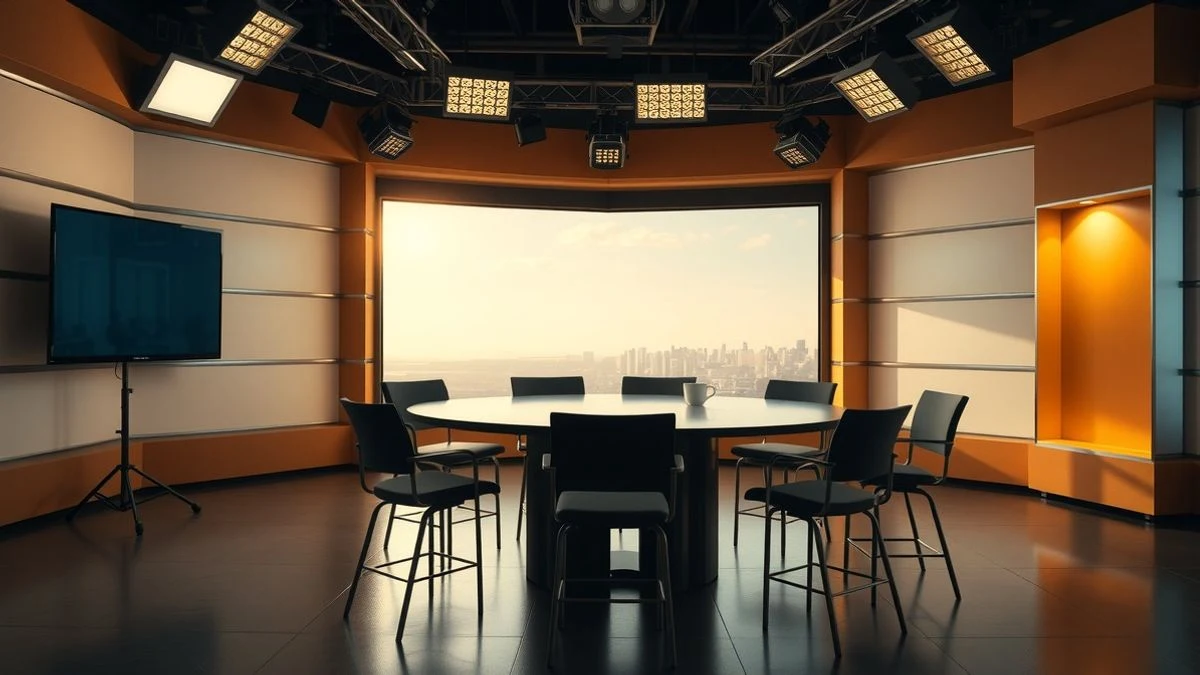 Illustrative image: empty television studio with round table and chairs, lit by side windows.