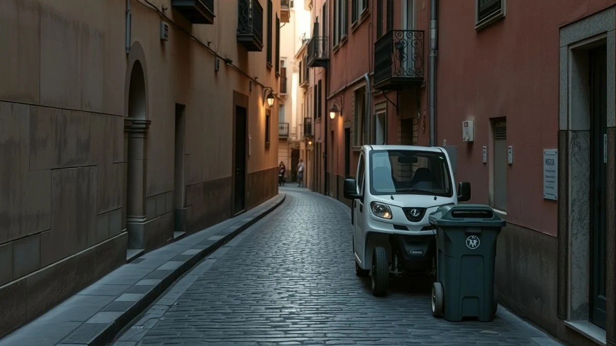 Imagen ilustrativa: un vehículo eléctrico de limpieza urbano en una calle estrecha de un pueblo español al amanecer