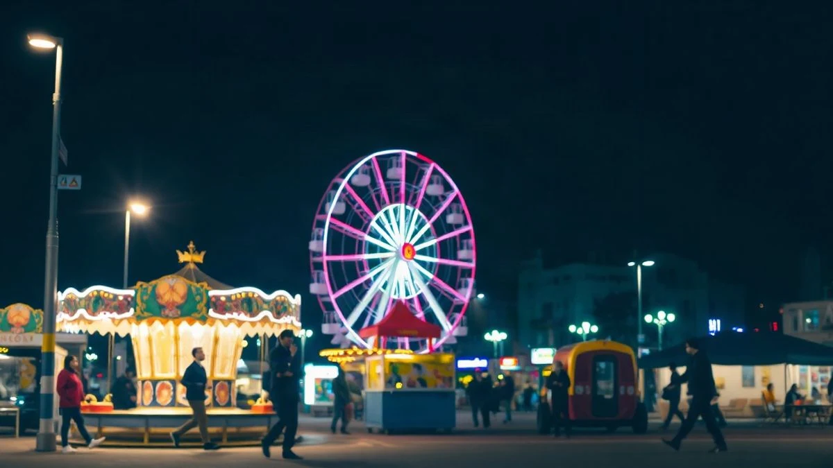 Imagen ilustrativa: un recinto ferial iluminado de noche, con luces y una noria al fondo, sin personas visibles.