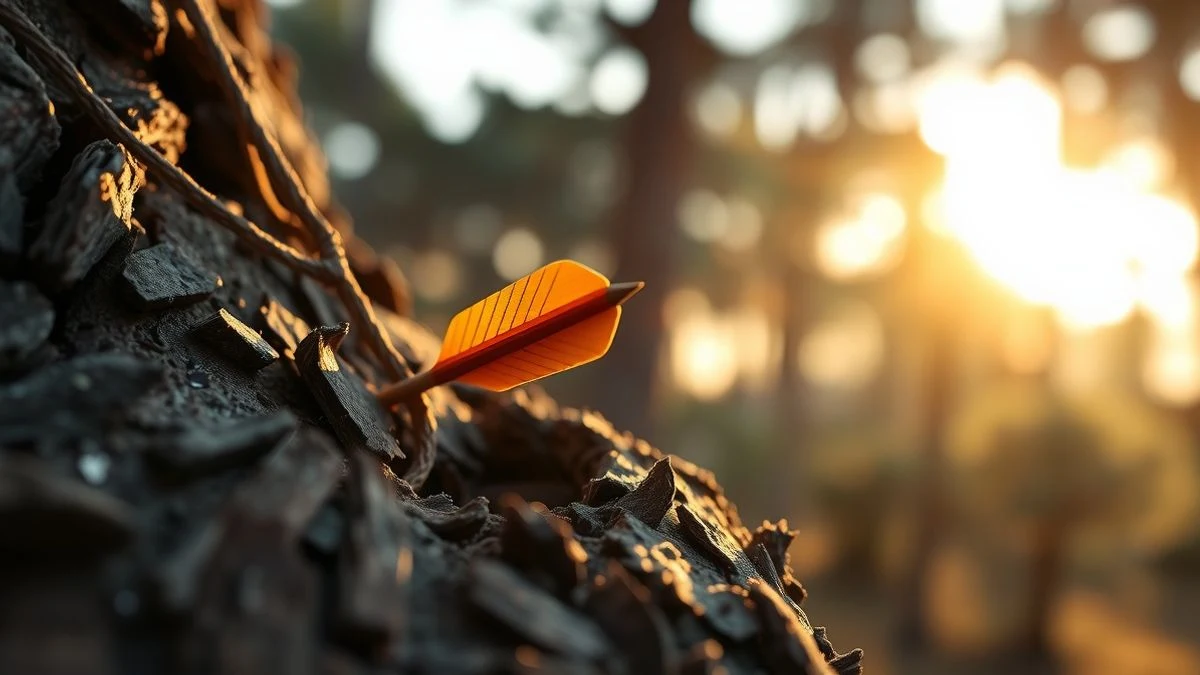 Illustrative image: an arrow lodged in the bark of a tree in a Mediterranean forest at sunset.