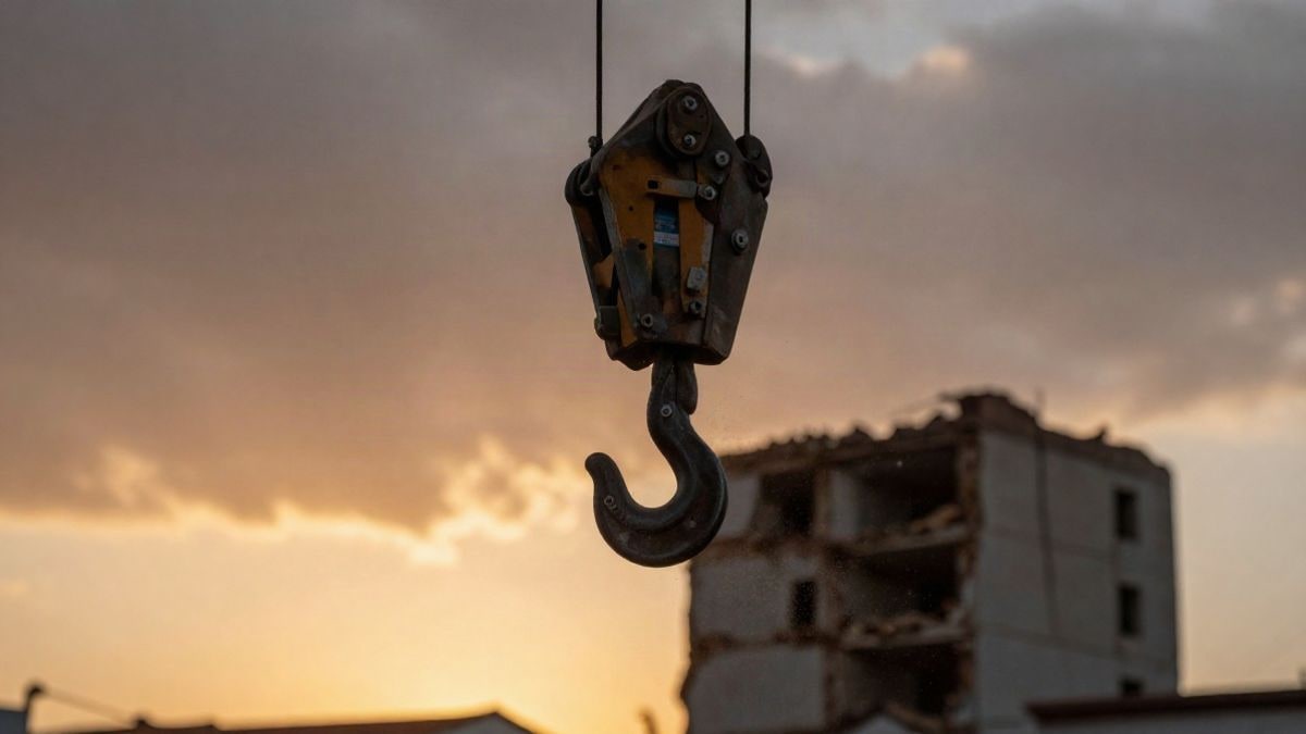 Imagen ilustrativa: gancho de una grúa de demolición contra el cielo al atardecer, con un edificio parcialmente derruido al fondo
