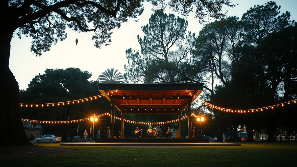 Parque de España in Fuengirola at sunset with a Mexican hat on a chair and a stage in the background