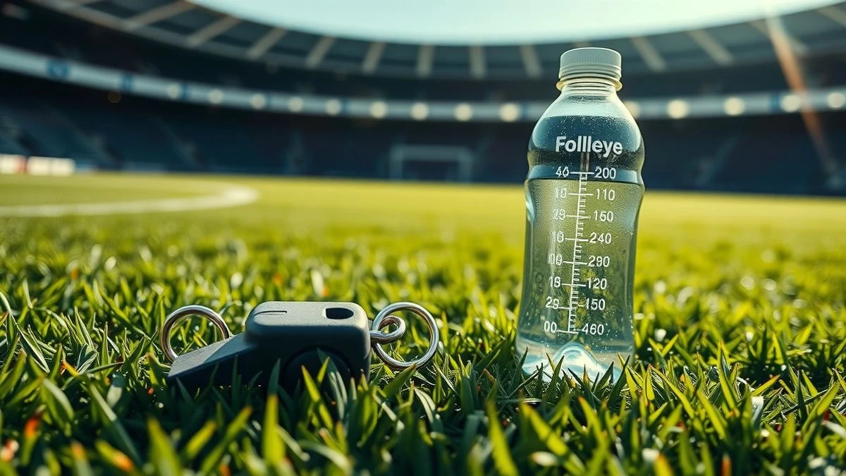 Referee's whistle and water bottle on the grass of a football pitch, with the stadium blurred in the background.