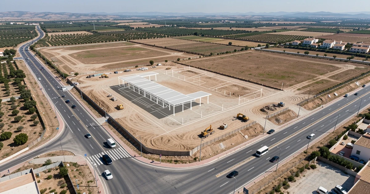 Aerial view of empty site with machinery for future interchange in San Pedro Alcántara