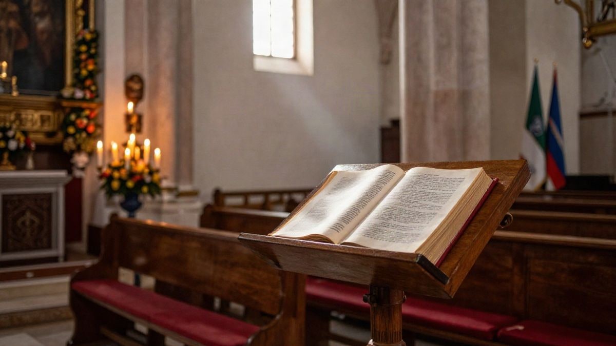 Imagen ilustrativa: interior de una iglesia andaluza con luz lateral y un atril de madera en primer plano.