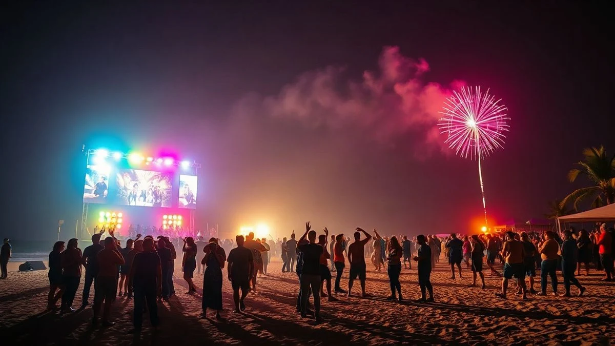 Imagen ilustrativa: escenario de concierto en una playa al anochecer, con fuegos artificiales y siluetas del público de espaldas.