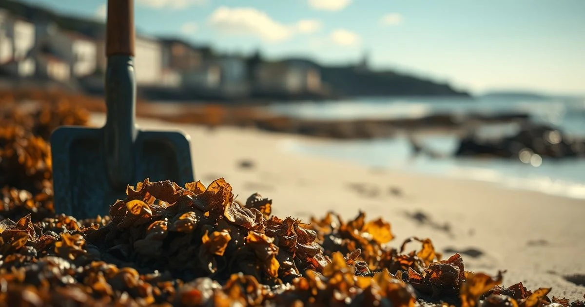 Beach covered in brown invasive seaweed with a shovel and pile of seaweed at sunset