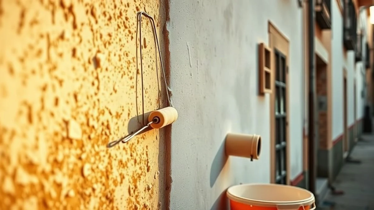 Imagen ilustrativa: detalles de una pared recién pintada en una calle de un pueblo, con un rodillo y un cubo de pintura en primer plano.