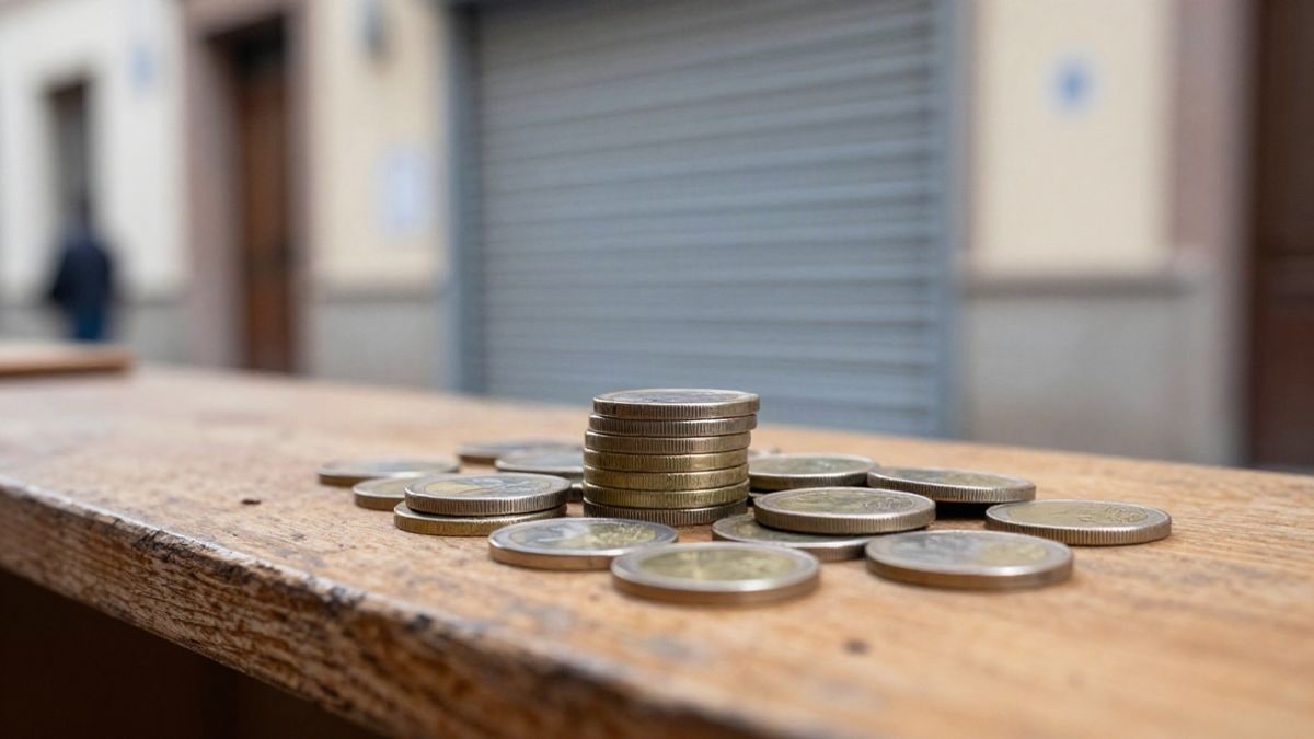 Imagen ilustrativa: monedas de euro apiladas sobre un mostrador de madera, con una persiana comercial cerrada al fondo