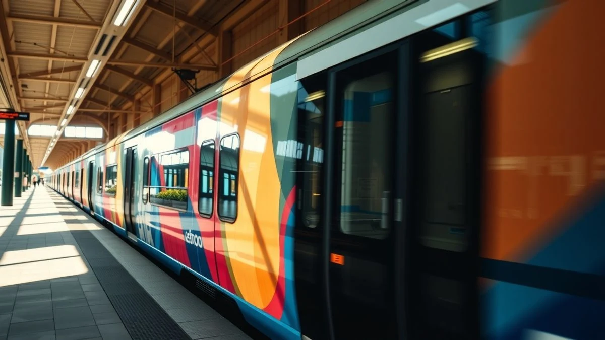 Illustrative image: a metro train with colourful advertising decoration at a sunny station