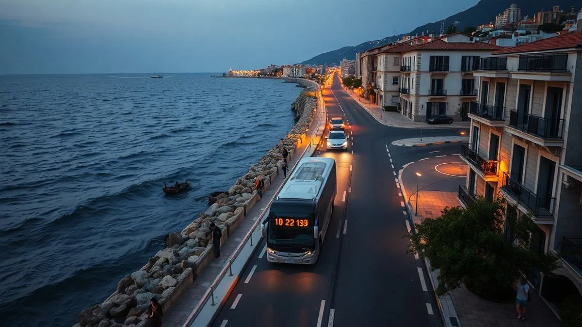 Imagen ilustrativa: vista cenital de un autobús urbano circulando por una carretera costera al atardecer, con el mar al fondo.