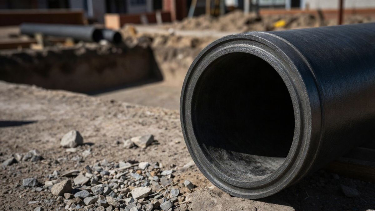 Illustrative image: new ductile iron pipe in a construction trench, focusing on the material.