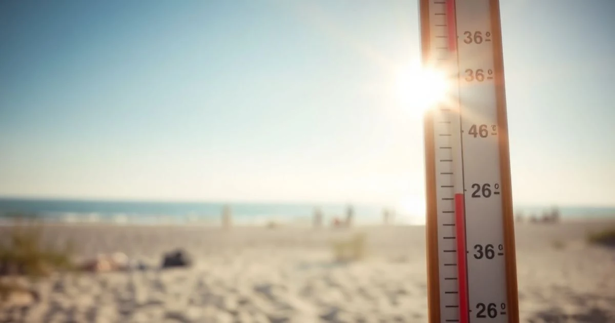 Termómetro marcando 36 grados en una playa soleada de Estepona