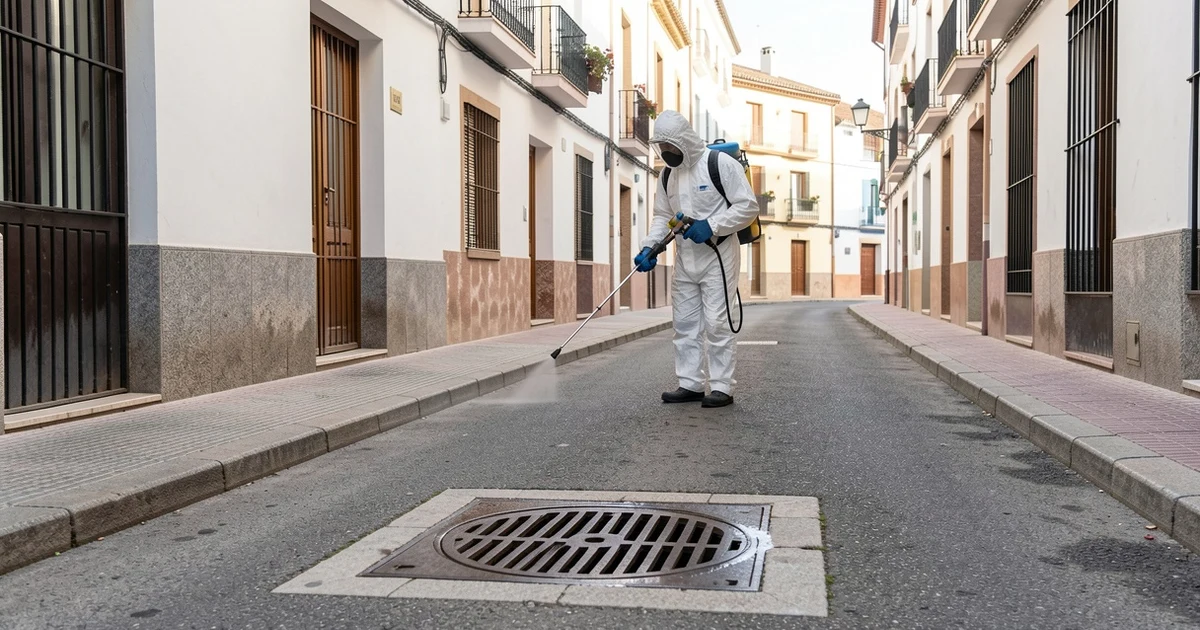 Municipal worker fumigating a sewer in Antequera