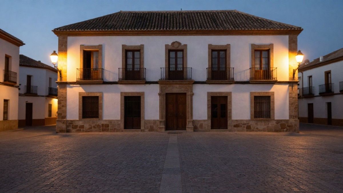 Imagen ilustrativa: fachada de un edificio consistorial andaluz al atardecer con farolas encendidas
