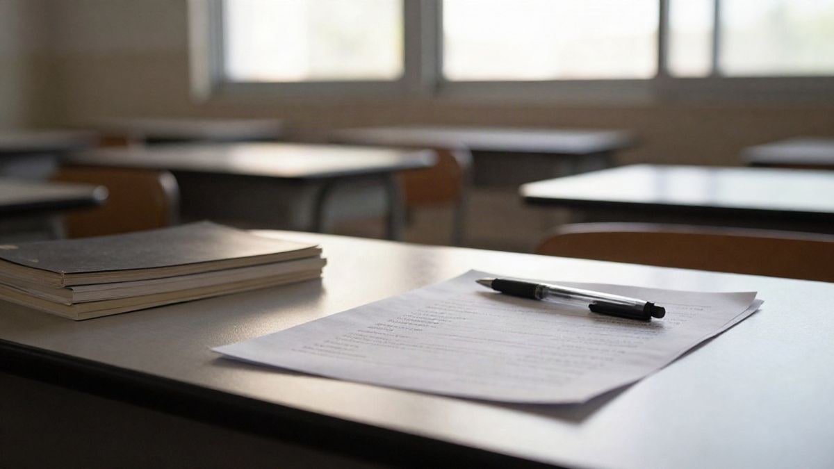 Imagen ilustrativa: mesa con documentos de examen de idiomas, un bolígrafo y libros de texto junto a una ventana