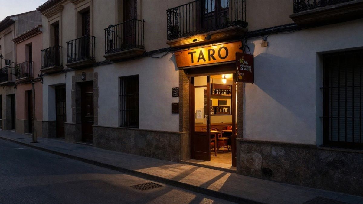 Imagen ilustrativa: calle de una ciudad española al atardecer, con la entrada de una taberna iluminada y sombras alargadas