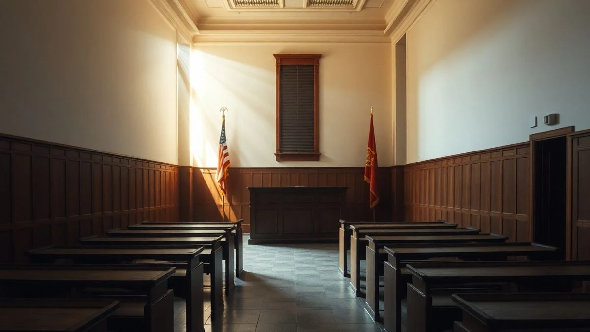 Illustrative image: empty courtroom with natural light coming through a window