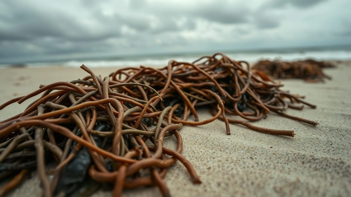 Illustrative image: a pile of brown algae on the sand of a beach, with the sea and cloudy sky in the background