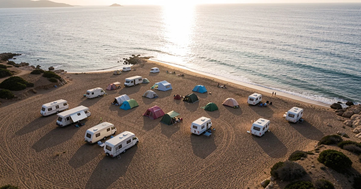 Vista aérea de caravanas y tiendas en un solar junto a la playa de Sacaba en Málaga