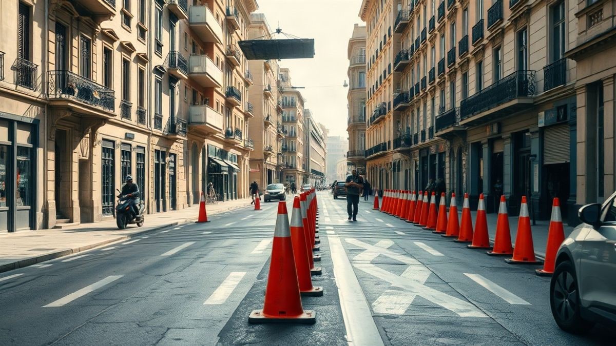 Imagen ilustrativa: una calle urbana con conos de tráfico y una grúa en operación, al atardecer