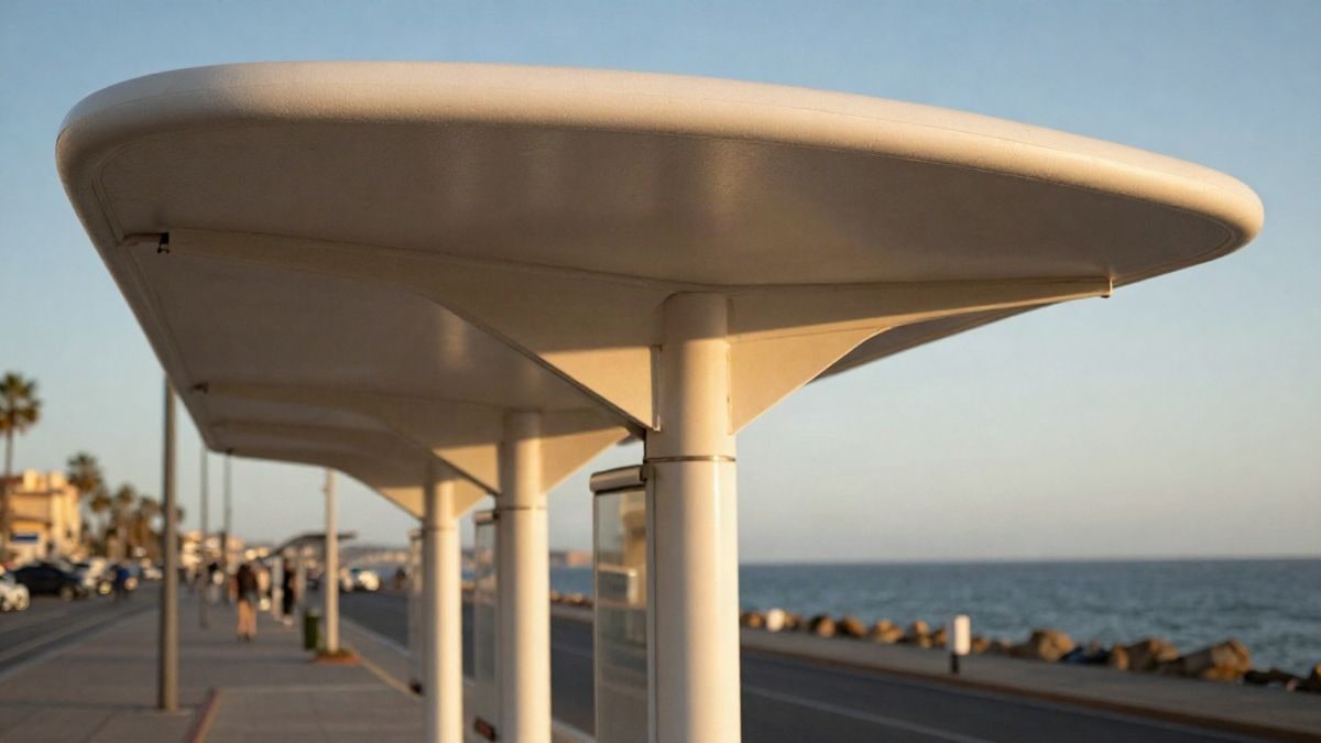 Imagen ilustrativa: detalle de una estructura de sombra fotocatalítica sobre una parada de taxi en un paseo marítimo
