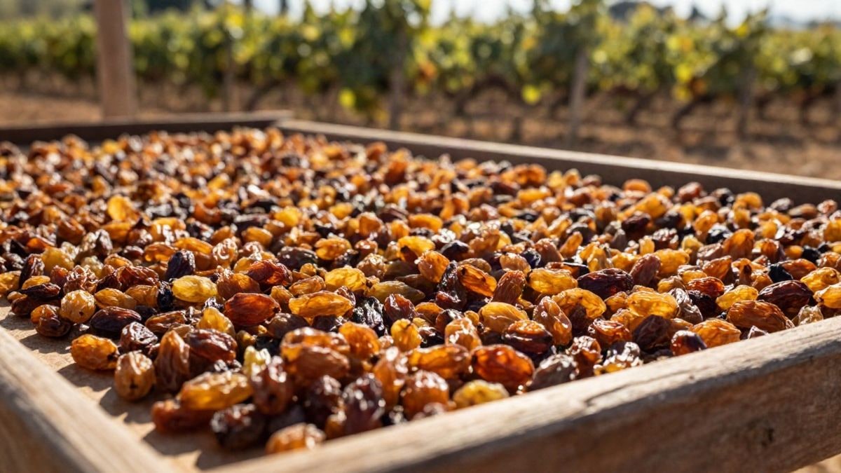 Imagen ilustrativa: uvas moscatel secándose al sol sobre un pasero de madera en un viñedo
