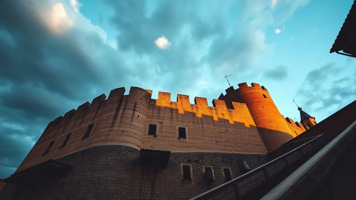 Imagen ilustrativa: ángulo bajo del castillo de Gibralfaro al atardecer, con cielo nublado y camino empedrado en primer plano.
