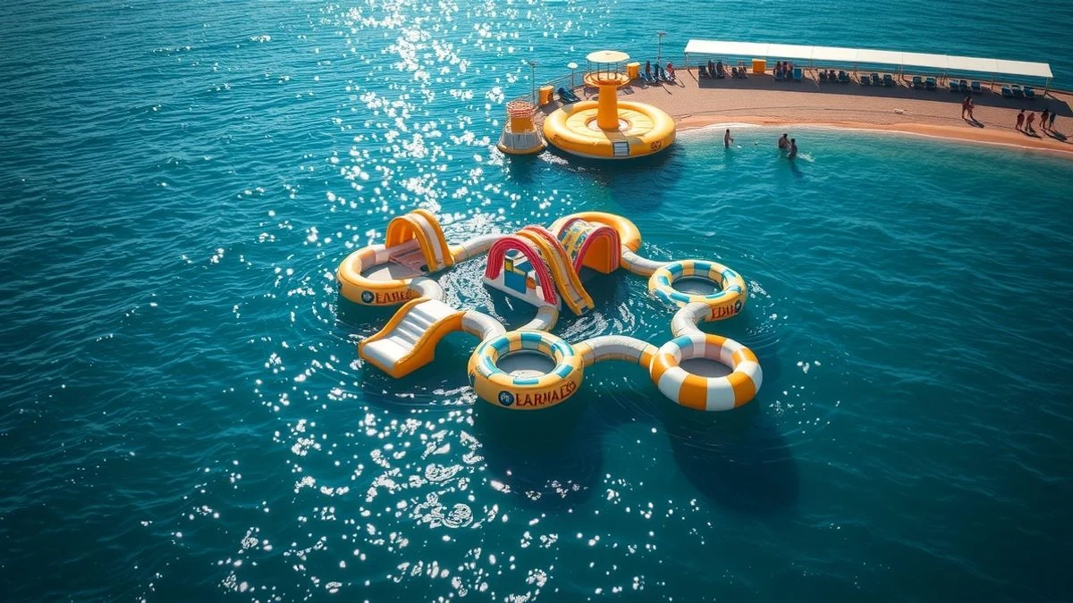 Vista aérea de un parque acuático flotante con toboganes de colores en el mar Mediterráneo