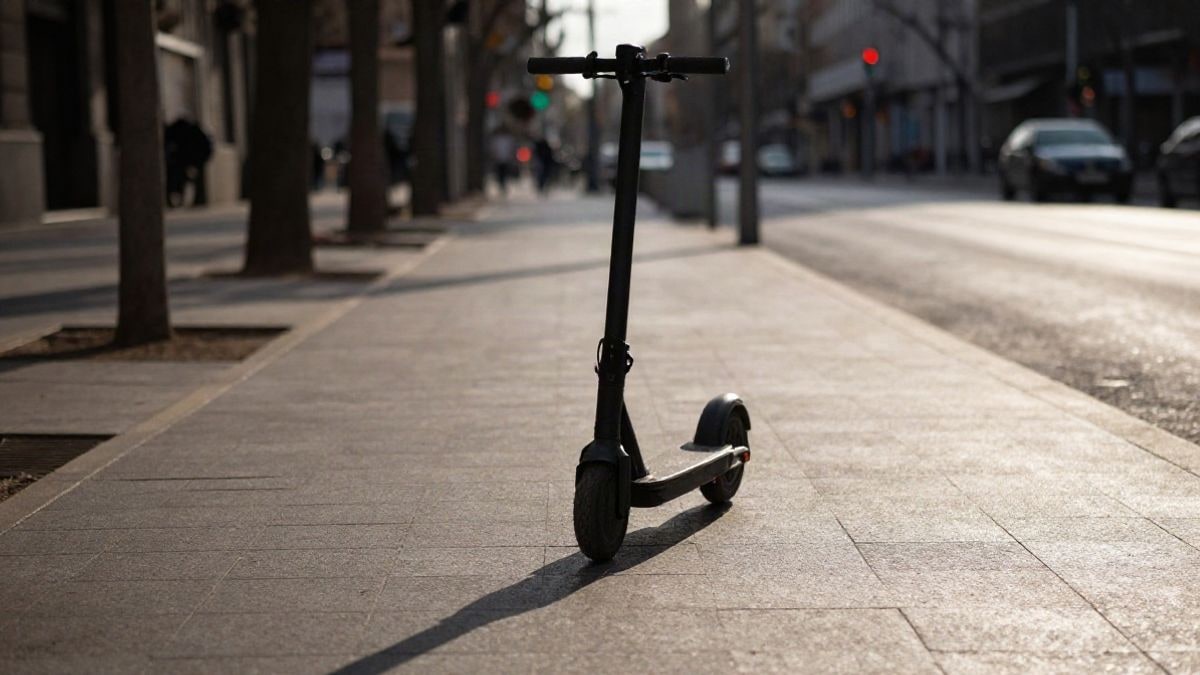 Imagen ilustrativa: patinete eléctrico aparcado en un carril bici urbano al atardecer