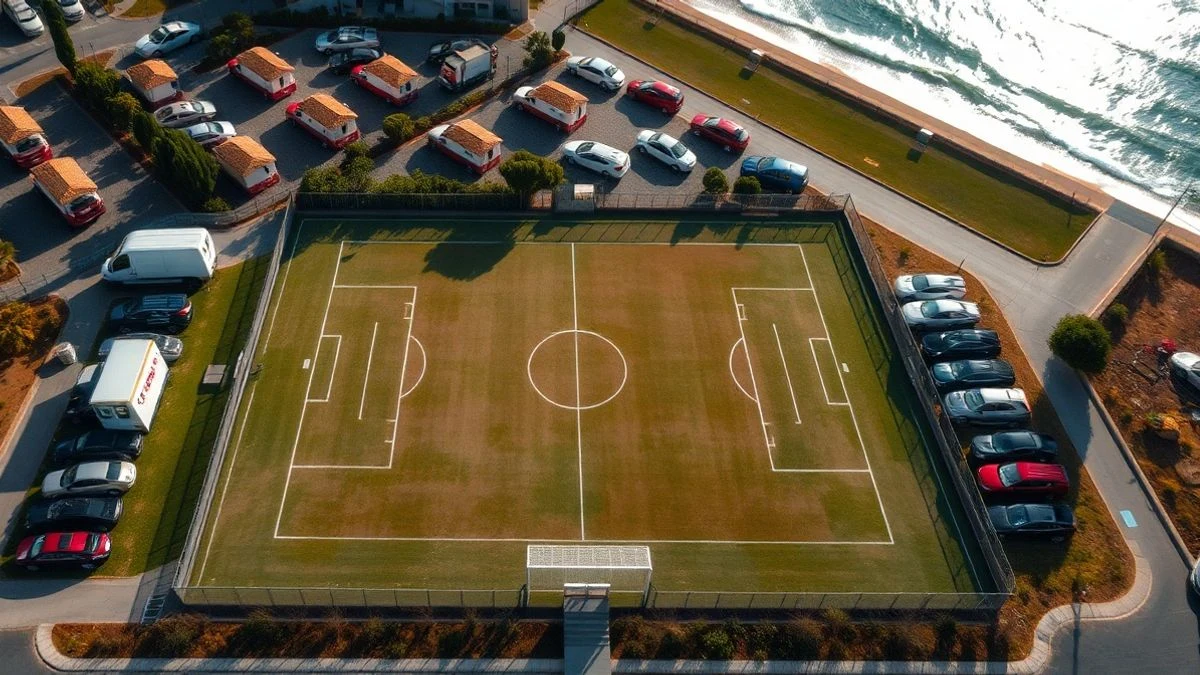Vista aérea de un campo de fútbol convertido en aparcamiento con coches aparcados en filas ordenadas