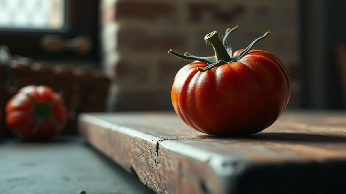 Illustrative image: a ripe Huevo Toro tomato on a rustic wooden table, with soft natural light and a blurred background of an Andalusian patio.