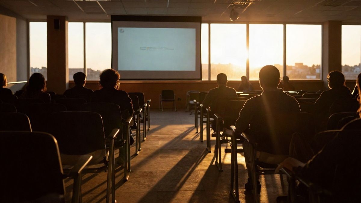 Illustrative image: conference room with empty chairs backlit at sunset